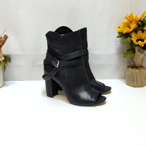 Vince Camuto Open-Toe Ankle Boots US 8.5M Leather Peep Toe Heels Buckle Detail - Picture 3 of 14